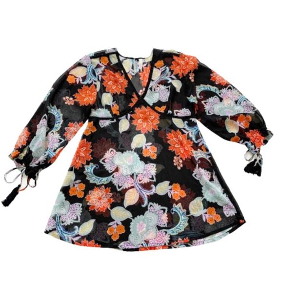 RAGA Anthropologie Blouse Tassel 3/4 Sleeve V-Neck Black Orange Floral Top Small - Picture 12 of 15